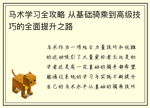 马术学习全攻略 从基础骑乘到高级技巧的全面提升之路